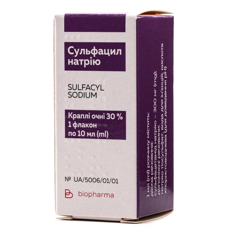 Сульфацил-натрію краплі оч. 30 % по 10 мл у флак.